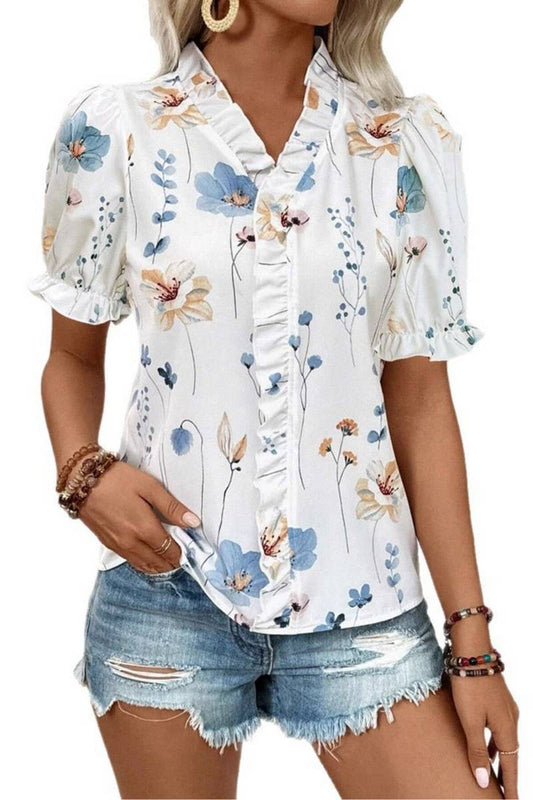 CWTBLS1795_RUFFLED V-NECK PRINTED PUFF SLEEVE SHIRT