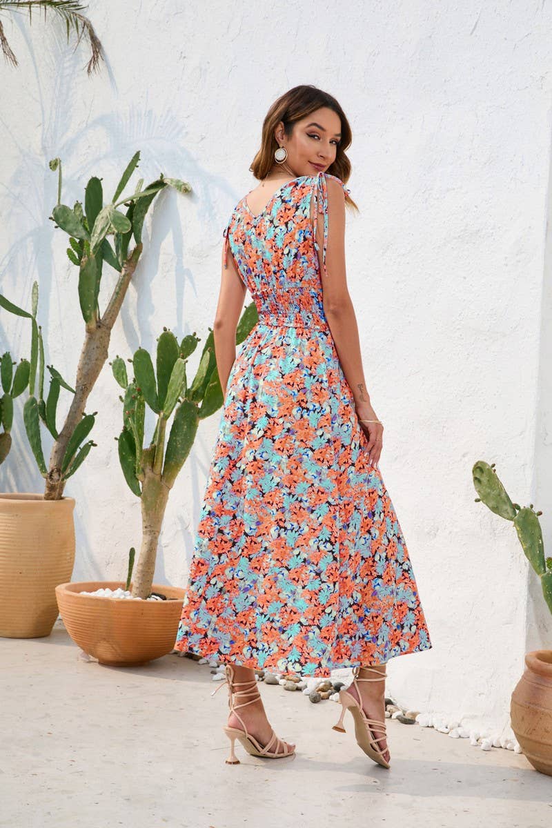 CWDMD2143_FLORAL PRINT WAISTLINE V-NECK HALTER DRESS