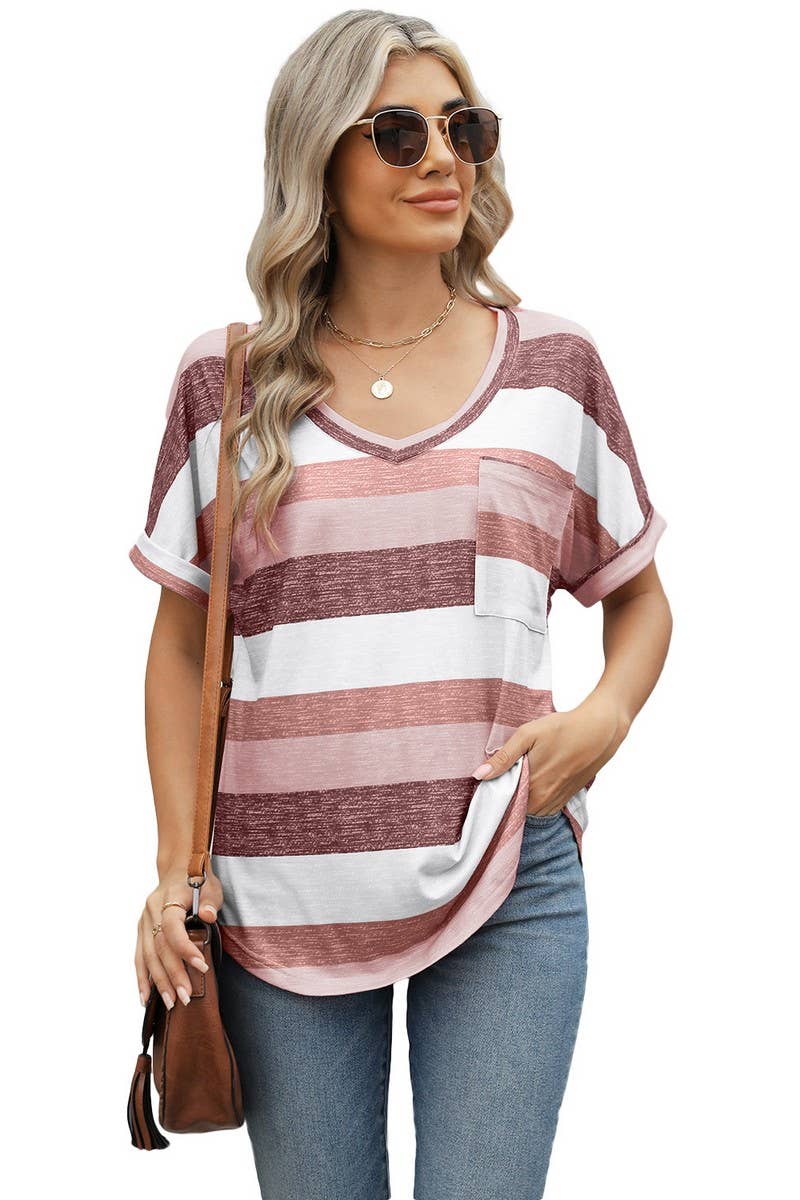CWTBLS1703_V-NECK PRINTED STRIPED BAT SLEEVE T-SHIRT TOP