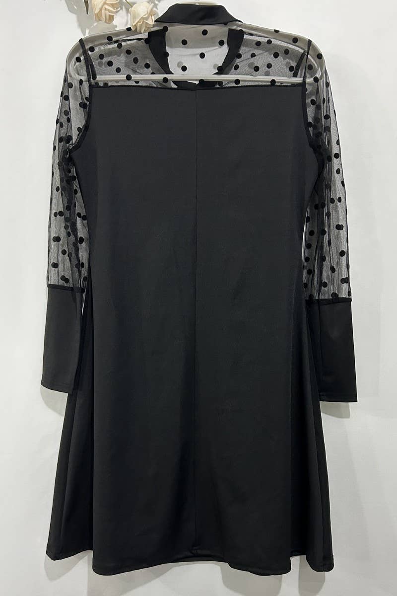 CWDMD01221_POLKA DOT MESH BOW LONG SLEEVE DRESS