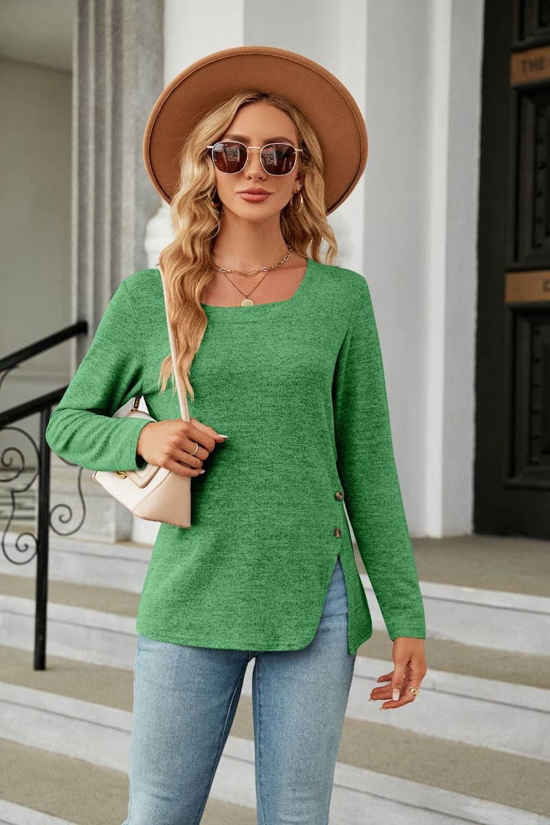 CWOSWL6536_WINTER SQUARE NECK LONG SLEEVE SPLIT TOP