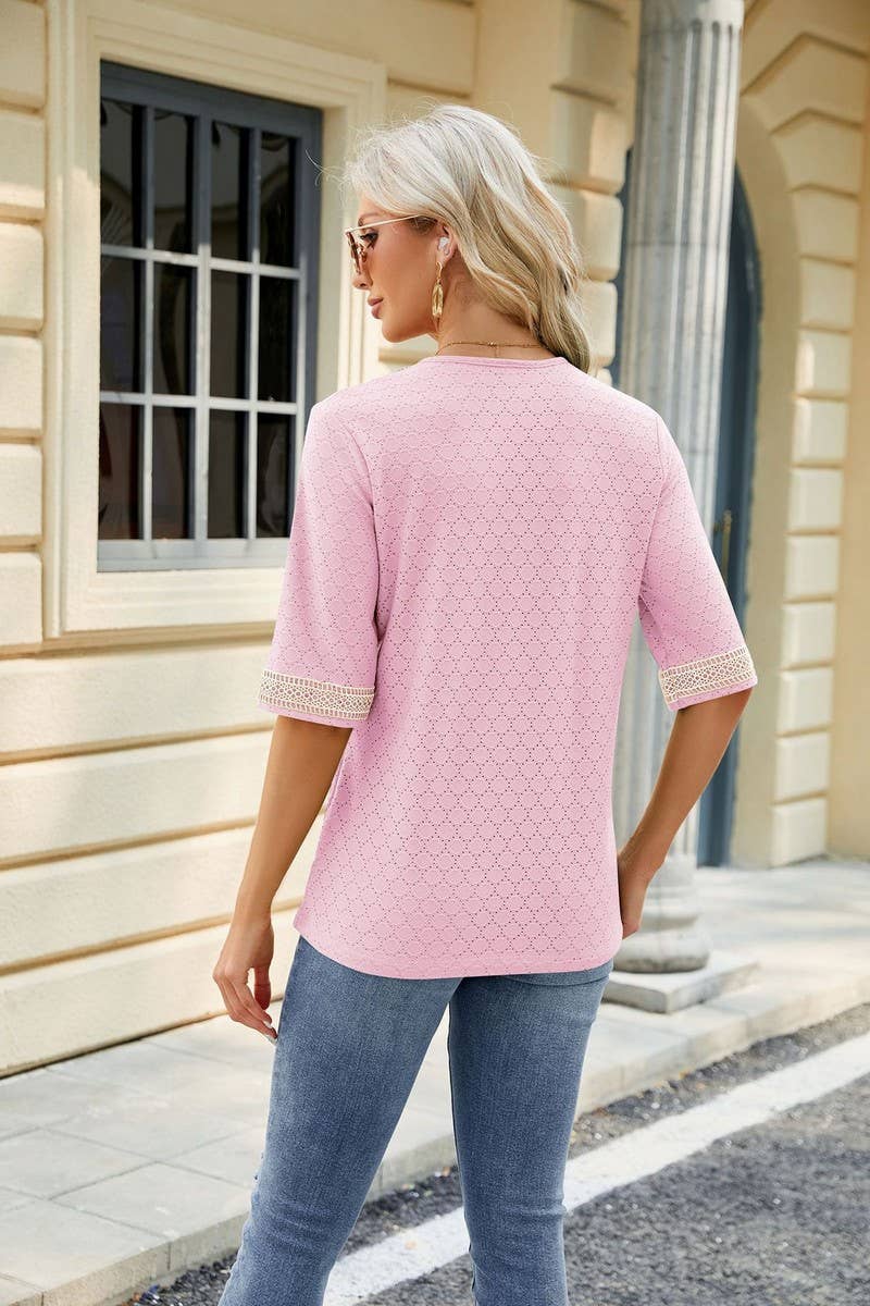 CWTTS0819_V-Neck Lace Trim Short Sleeve Knit Top
