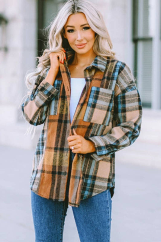 CWTSTL2393_AUTUMN CASUAL POCKET PLAID LONG-SLEEVED SHIRT