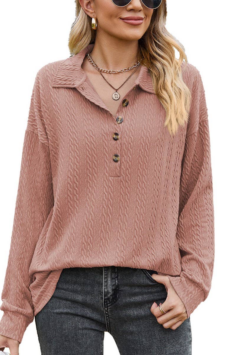 CWTBLL2415_SOLID COLOR LAPEL BUTTON LOOSE LONG SLEEVE TOP
