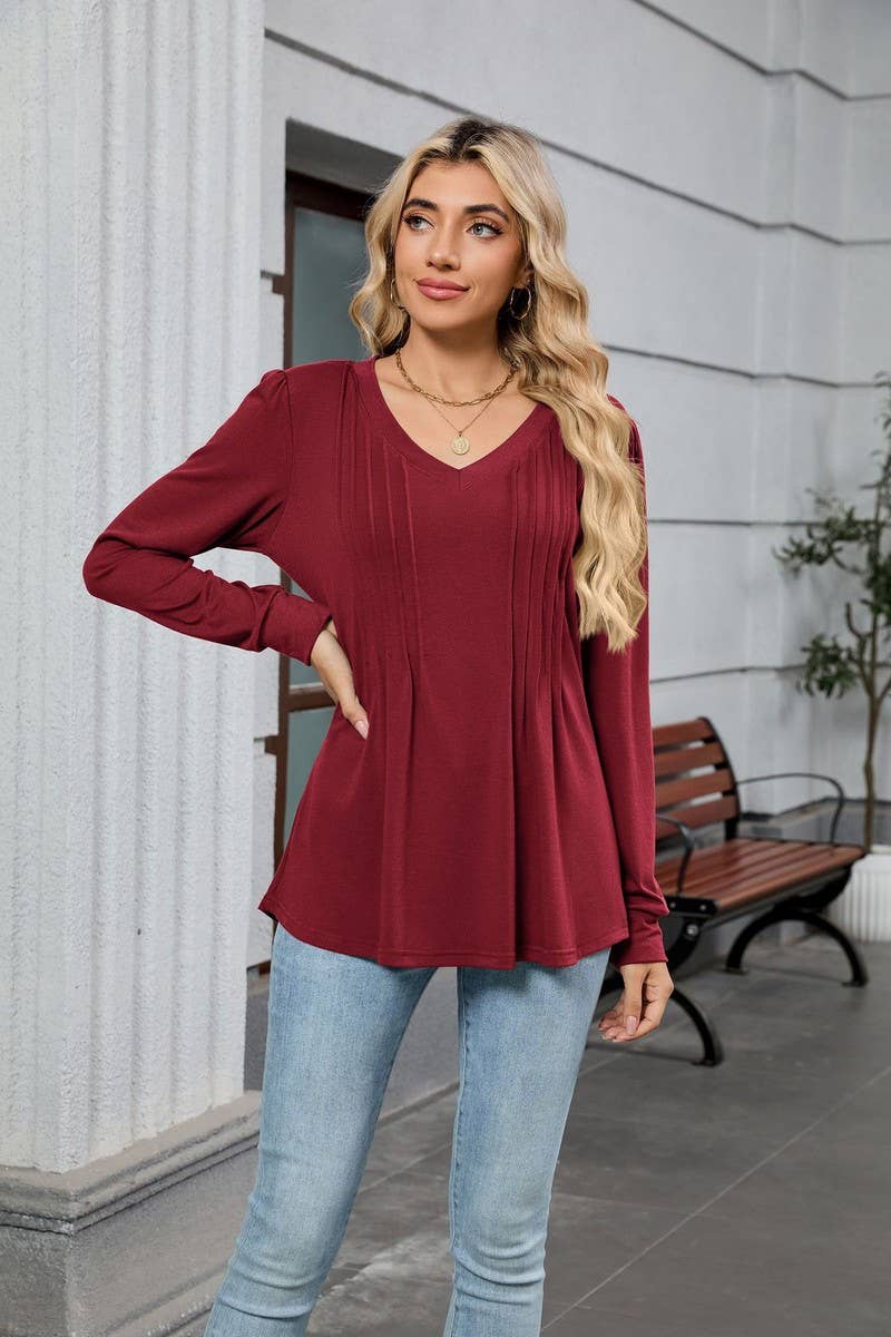 CWTBLL01306_V NECK RIBBED SOLID LONG SLEEVE CASUAL TEE
