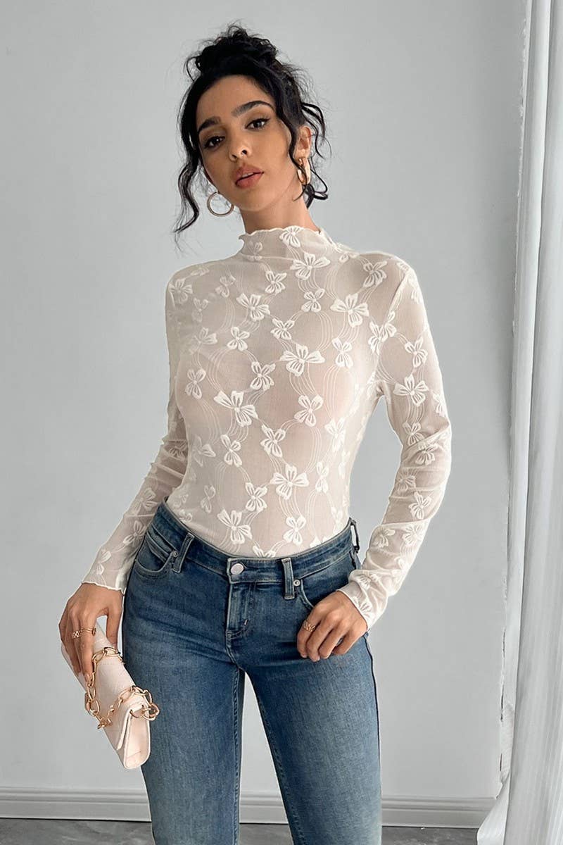 CWTBLL3922_BUTTERFLY JACQUARD MESH MOCK NECK SLIM FIT TEE