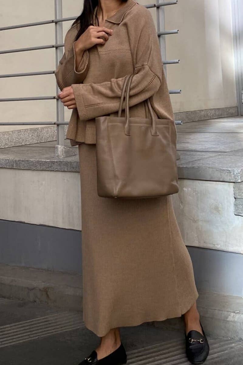 CWSS0750_KNITTED V-NECK LONG SLEEVE SWEATER SKIRT SET