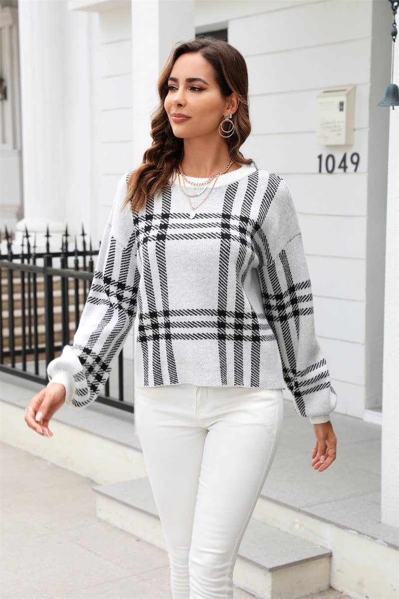 CWOSWL1693_Crew Plaid Neck Long Sleeve Pullover Sweater