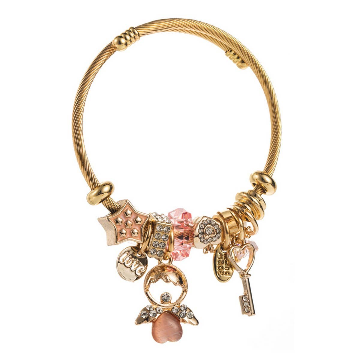 Angel & Key Charm Steel Bracelet for Women_CWMM8474