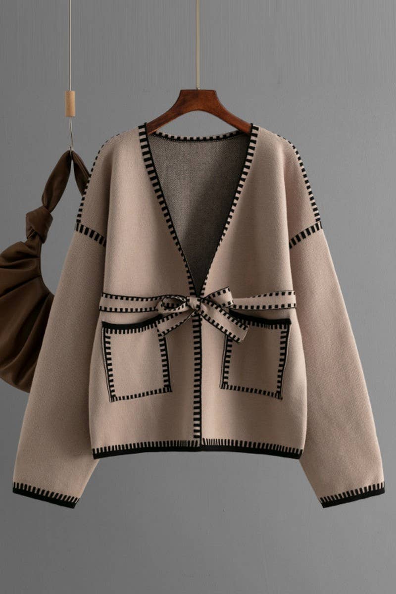 CWOCAL00666_TIE WAIST LONG SLEEVE CASUAL KNIT CARDIGAN
