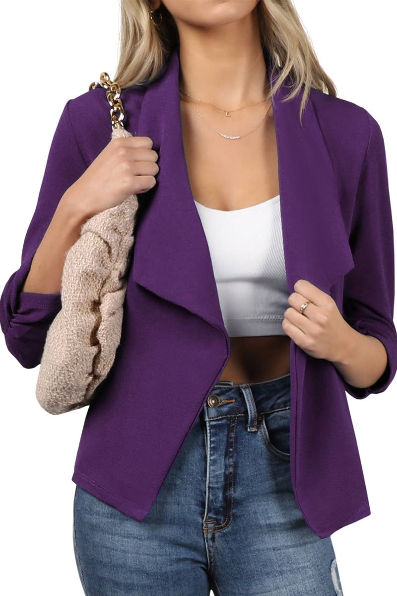 CWOBL091_Casual Work Ruched 3/4 Slv Open Front Blazer Jacket