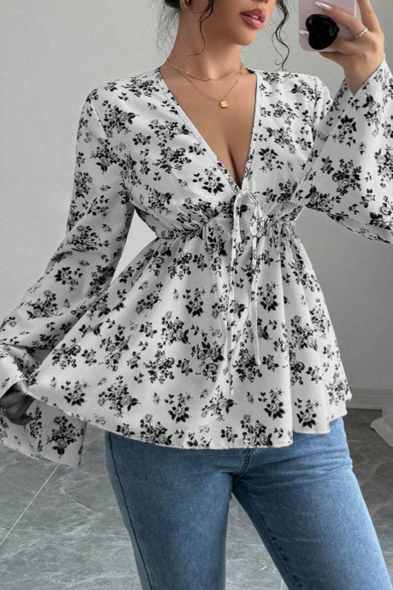 CWTBLL01068_V NECK FLORAL PRINT HIGH WAIST BLOUSE