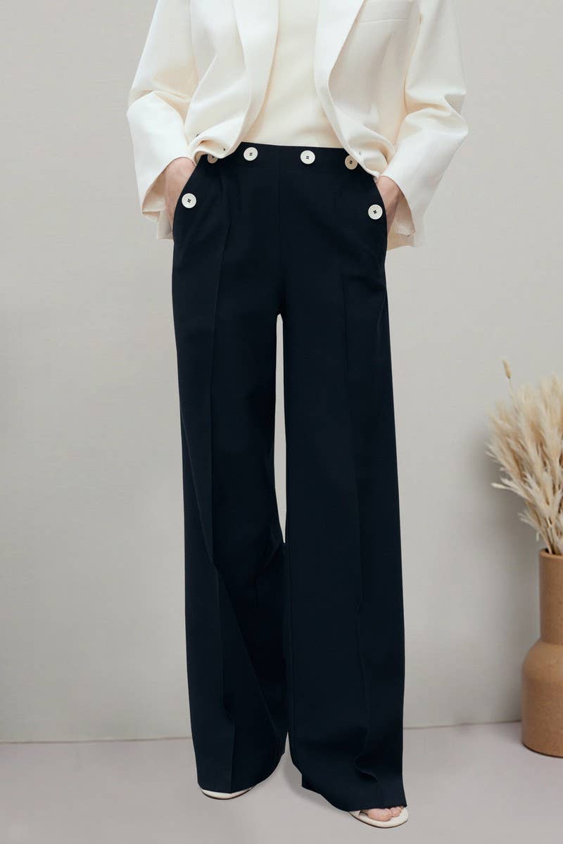 CWBLP2190_BUTTON SIDE ZIP FLARED STRAIGHT LEG PANTS