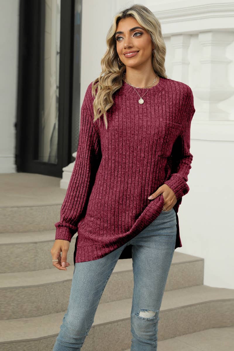 CWOSWL6608_WINTER POCKET CREW NECK LONG-SLEEVED SWEATER