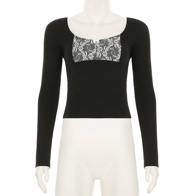 Crew-neck lace patchwork long-sleeved T-shirt