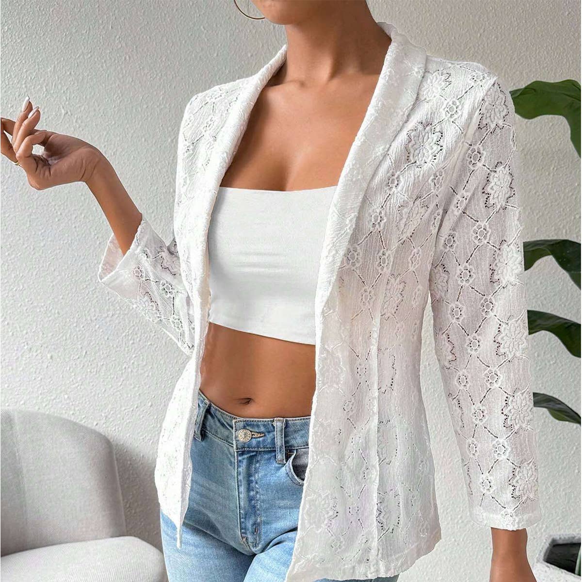 Elegant solid-color lace lapel casual suit jacket