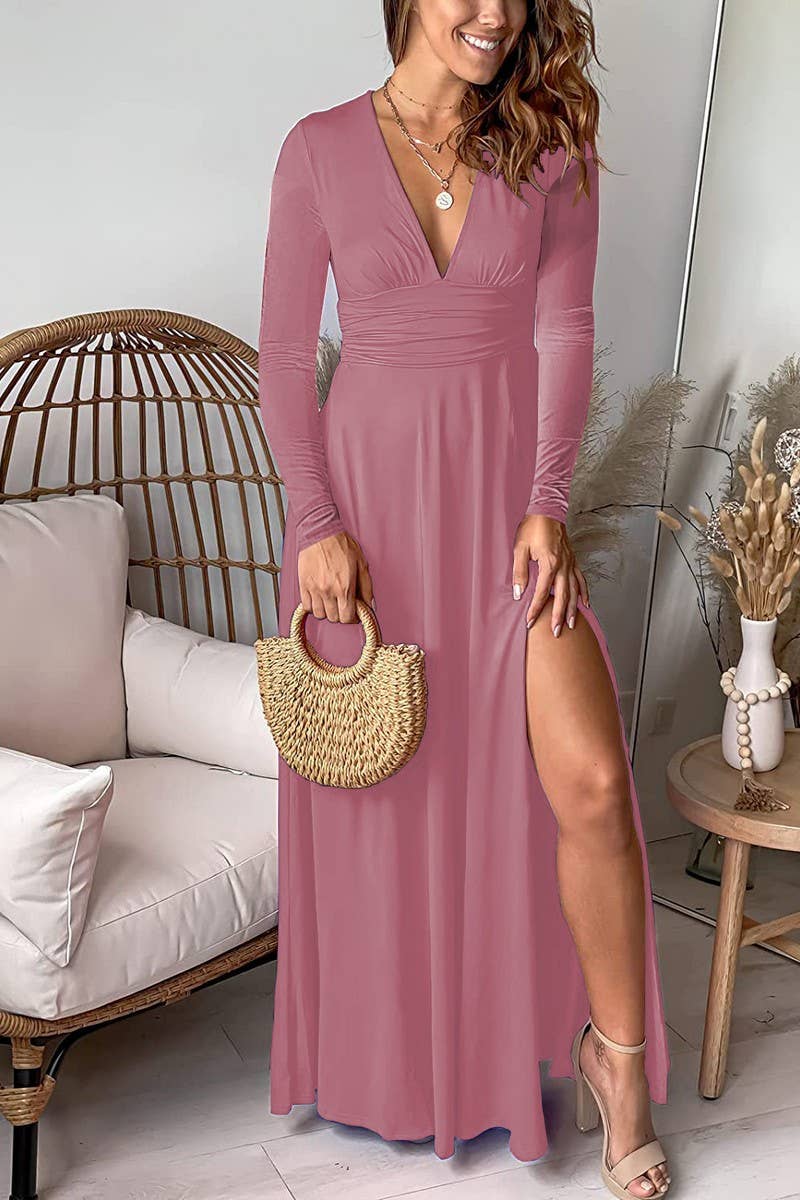 CWDMD5880_DEEP V RUCHED LONG SLEEVE SPLIT MAXI DRESS