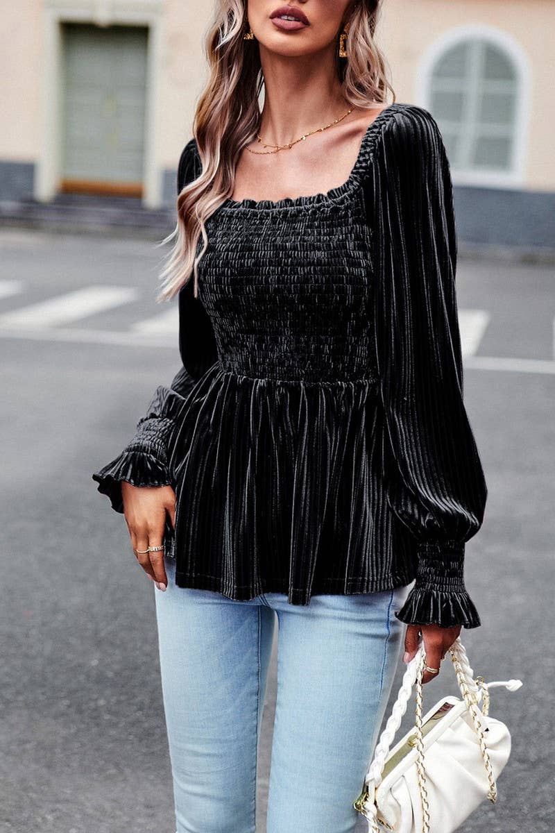 CWTBLL0391_Squre Neck Long Sleeve Smocking Detailed Top