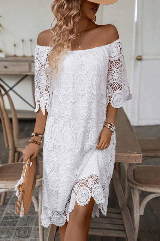 CWDSD10529_SUMMER SOLID COLOR ONE-SHOULDER HOLLOW LACE DRESS