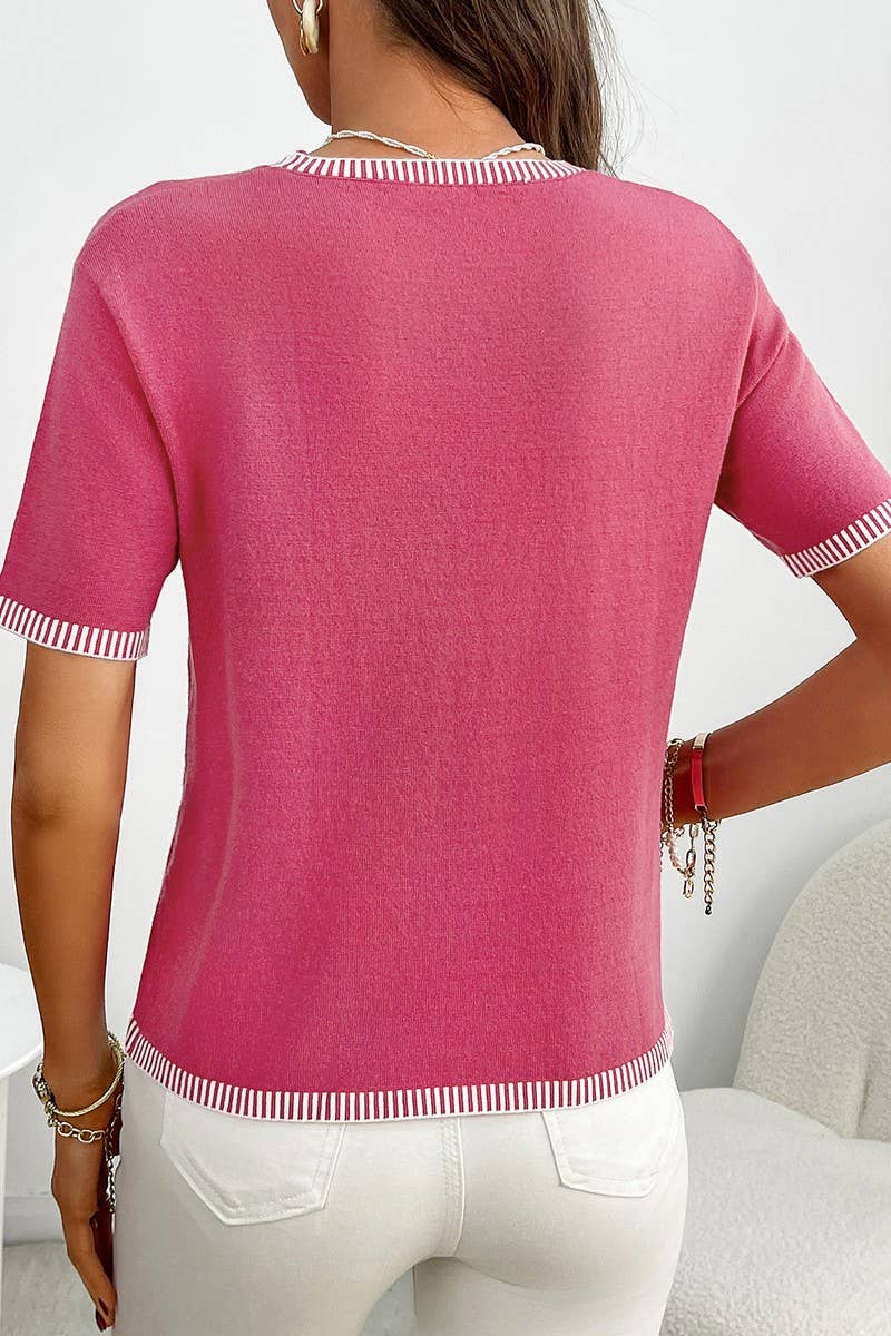 CWOSWS0143_STRIPED SHORT SLEEVE CREW NECK KNIT SWEATER