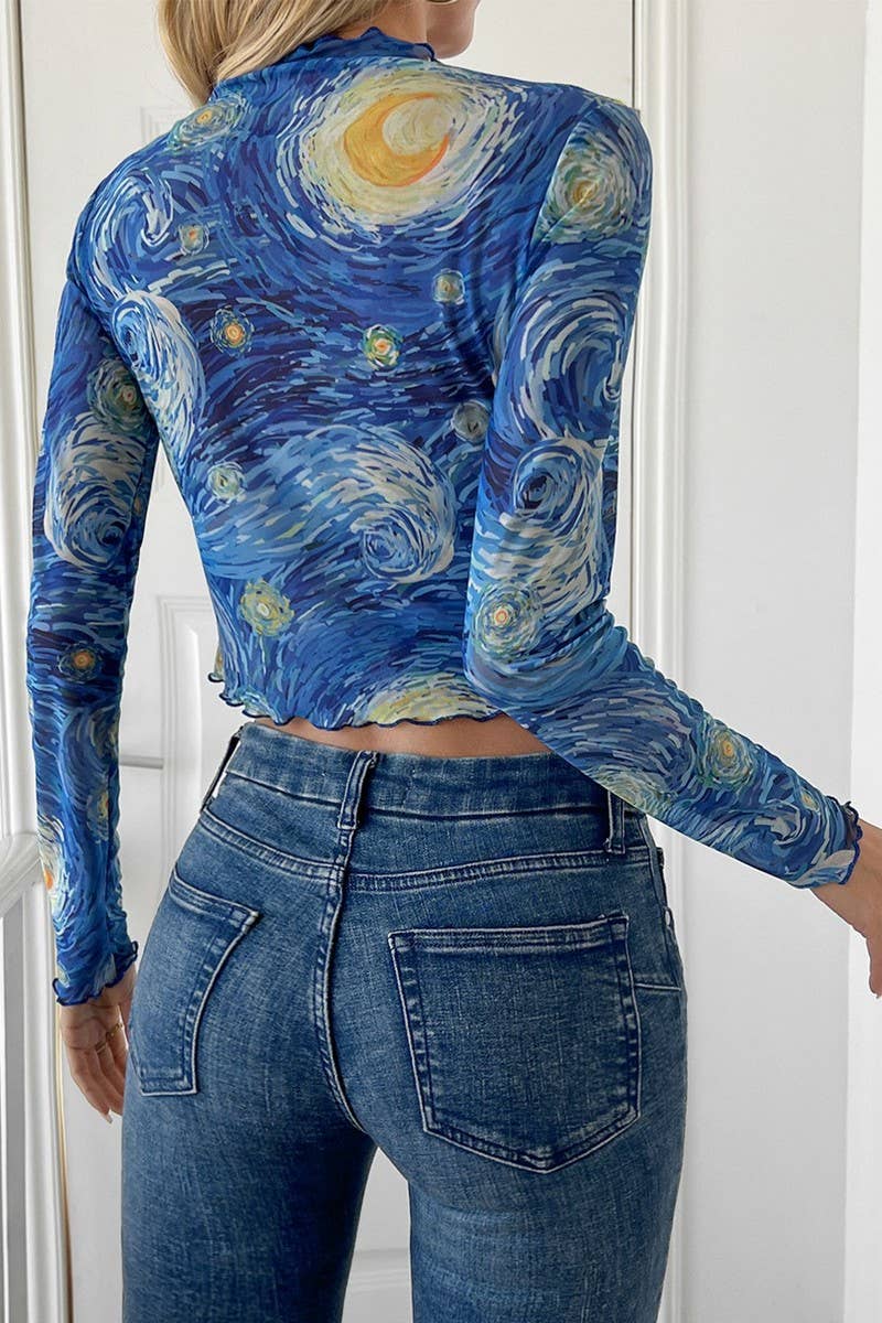 CWTBLL3926_BLUE PRINTED STARRY MESH MOCK NECK CROP TEE