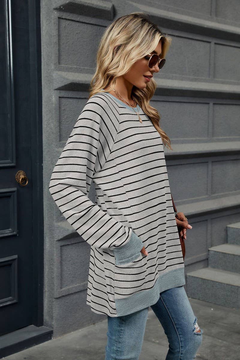 CWTBLL3664_COLOR BLOCKED STRIPED POCKET LOOSE T-SHIRT
