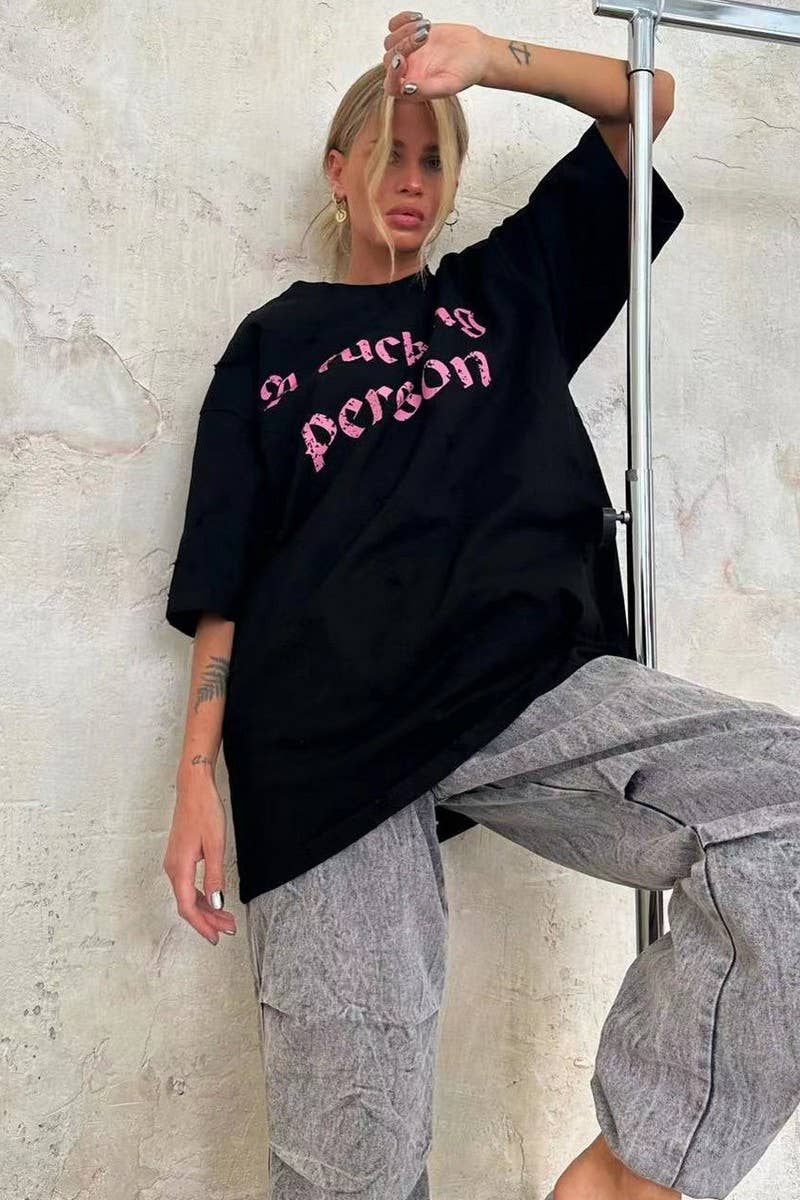 CWTTS1287_LETTER PRINT RIPPED STYLE MID-LENGTH SHORT SLEEVE