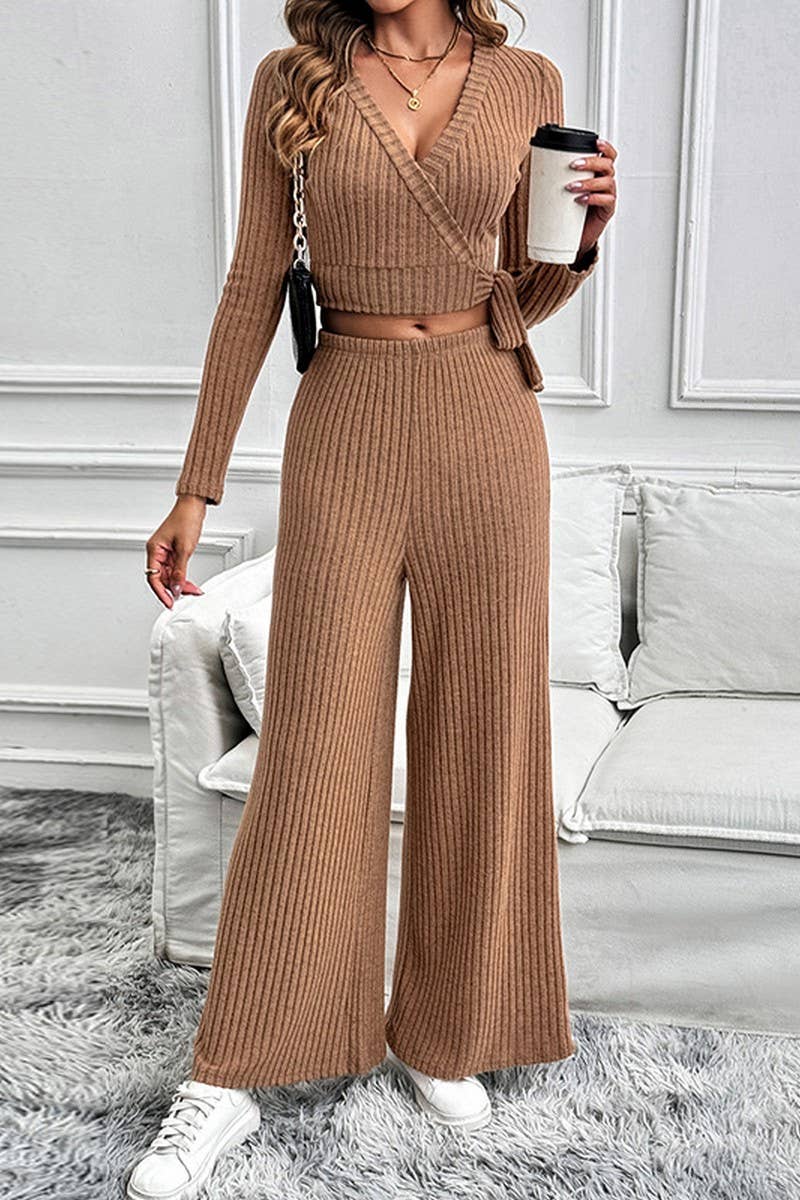 CWSTB1071_V-NECK LONG-SLEEVED SOLID COLOR TEXTURE SUIT