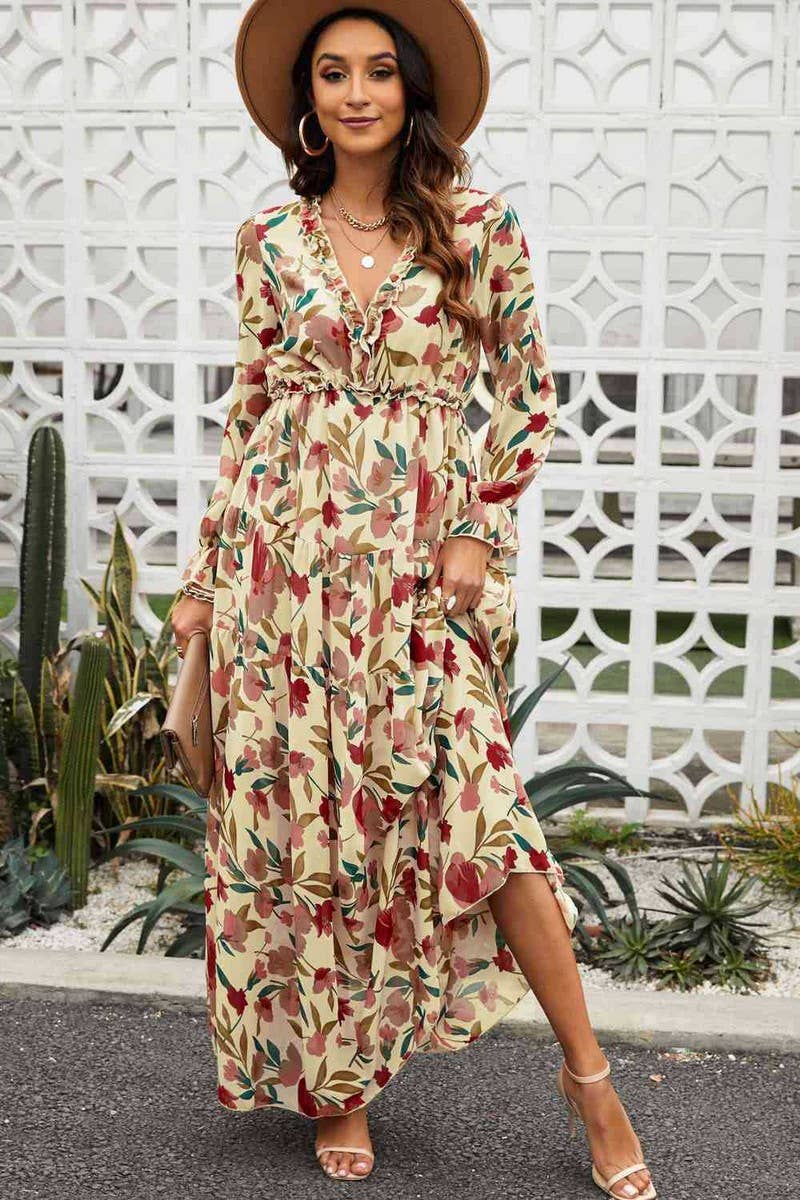 CWDMD6397_V-NECK FLORAL BOHEMIAN HIGH WAIST DRESS