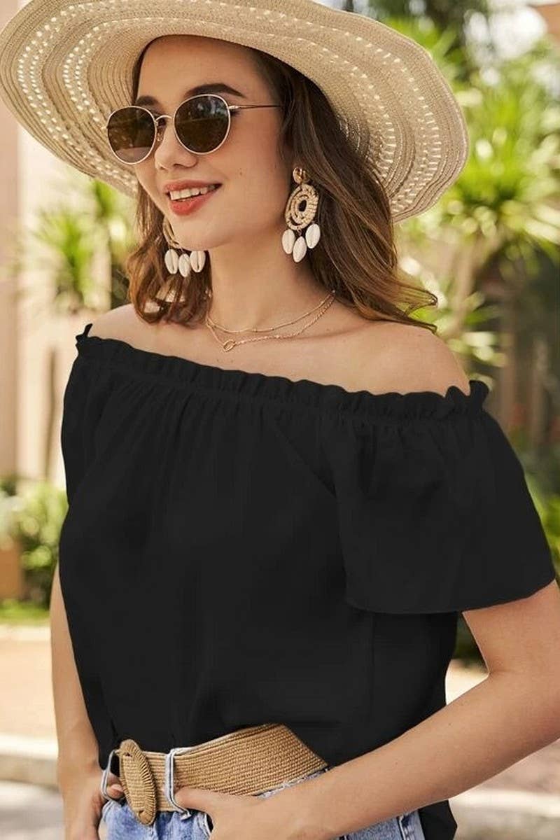 CWTBLS1493_SOLID COLOR OFF-SHOULDER RUFFLE SHIRT TOP