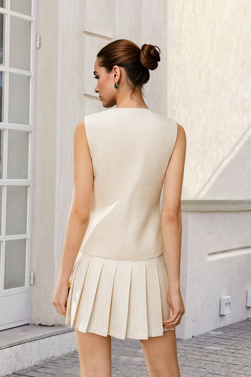 CWSTB2141_TWEED SLEEVELESS VEST & PLEATED SKIRT SET