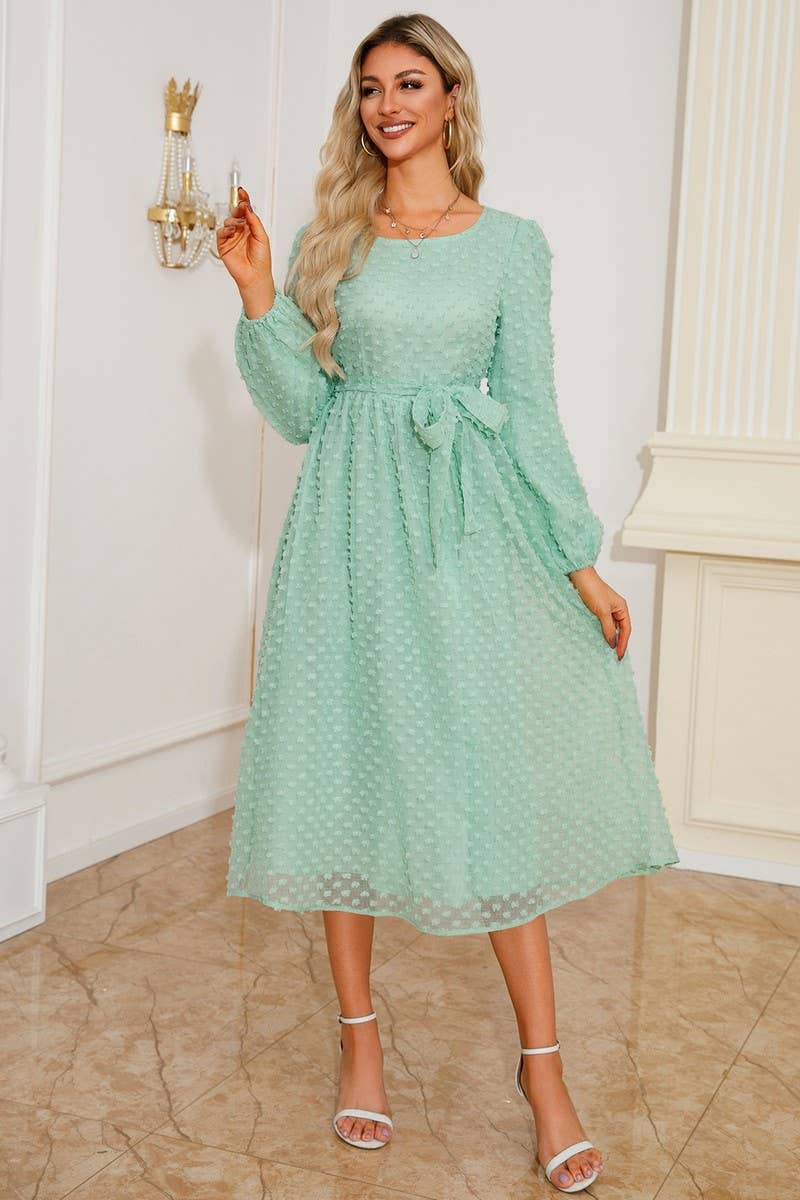 CWDMD3996_ROUND NECK TIE JACQUARD LONG SLEEVE DRESS
