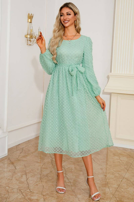 CWDMD3996_ROUND NECK TIE JACQUARD LONG SLEEVE DRESS
