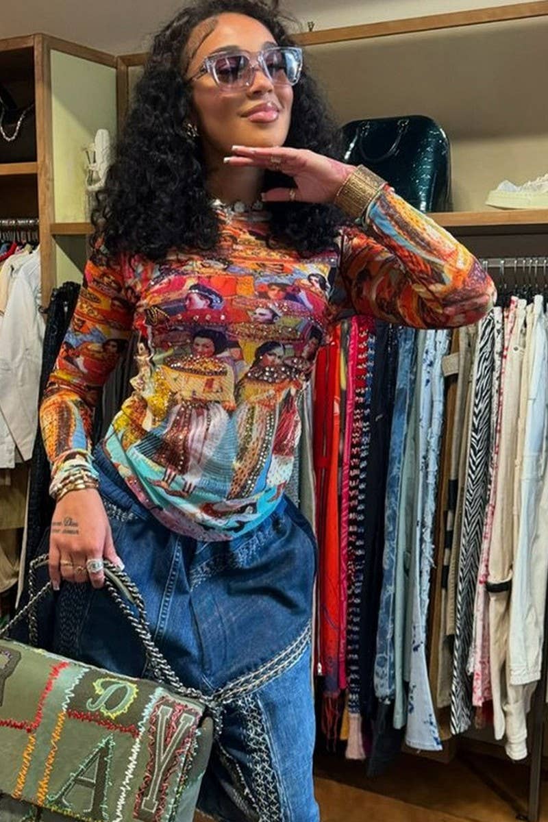 CWTTL2063_LONG-SLEEVED MESH ABSTRACT PRINT SLIM FIT T-SHIRT