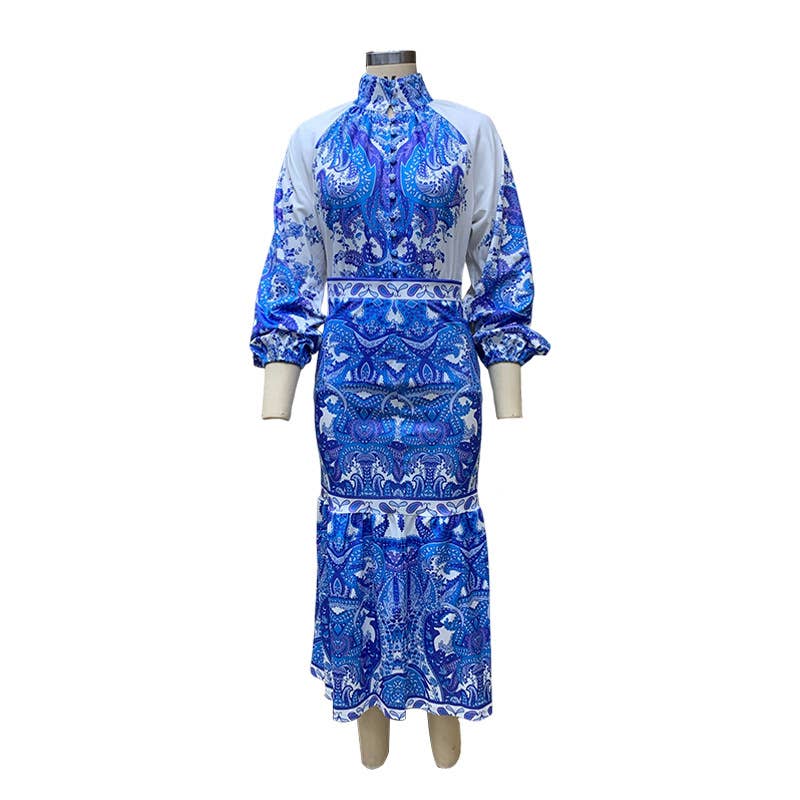 BOHO PRINT TOP MID-LENGTH WRAP ARM SKIRT SUIT