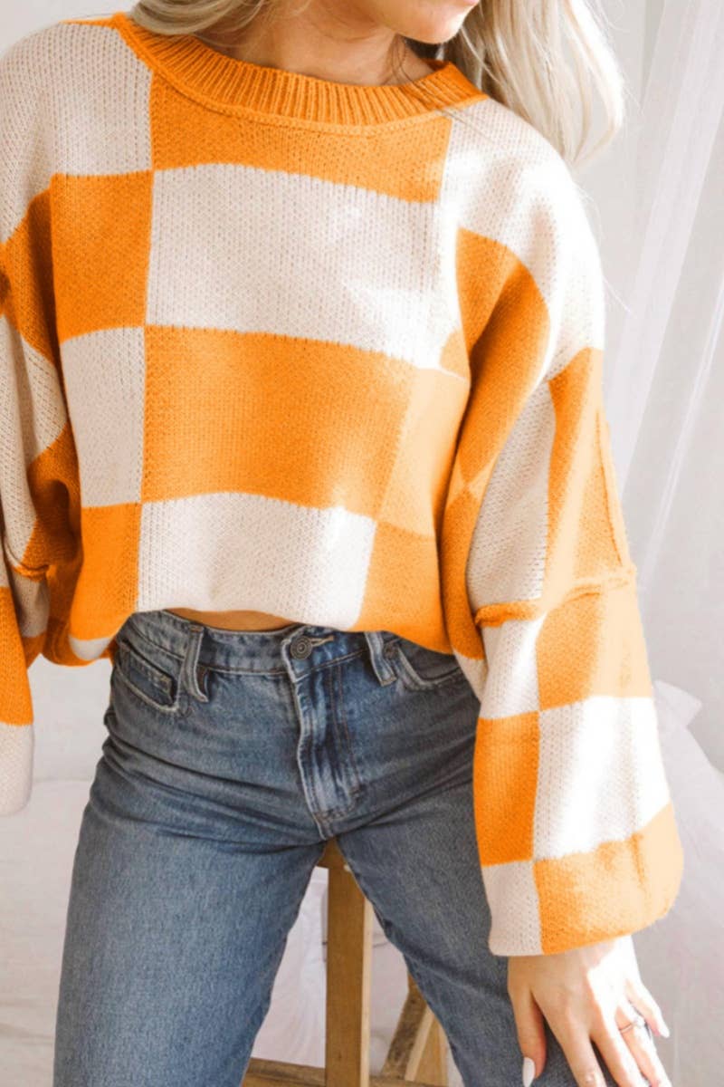 CWOSWL6673_PLAID COLOR CONTRAST LONG-SLEEVED SWEATER