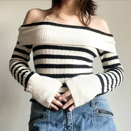 BLACK AND WHITE STRIPED SEXY ONE-SHOULDER SWEATER