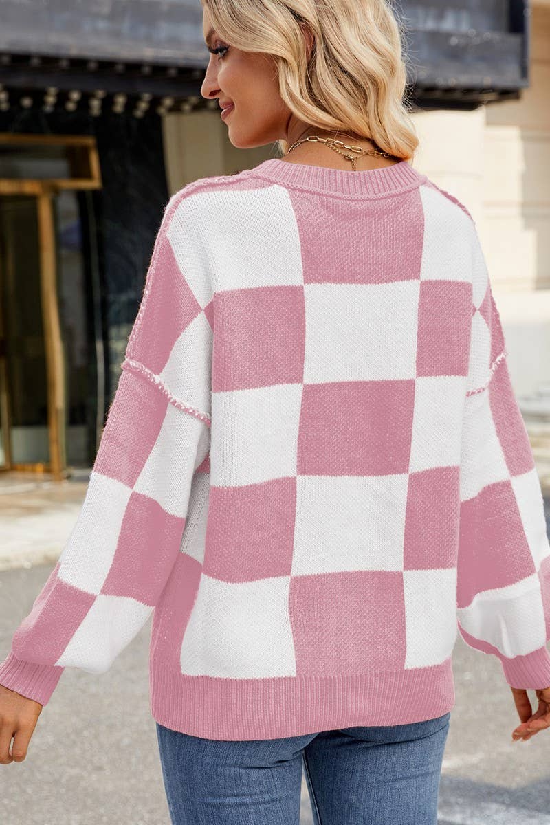 CWOSWL07726_LOOSE CASUAL PLAID COLORBLOCK SWEATER