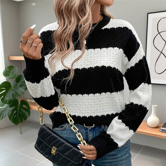 Black and white striped knitted pullover sweater