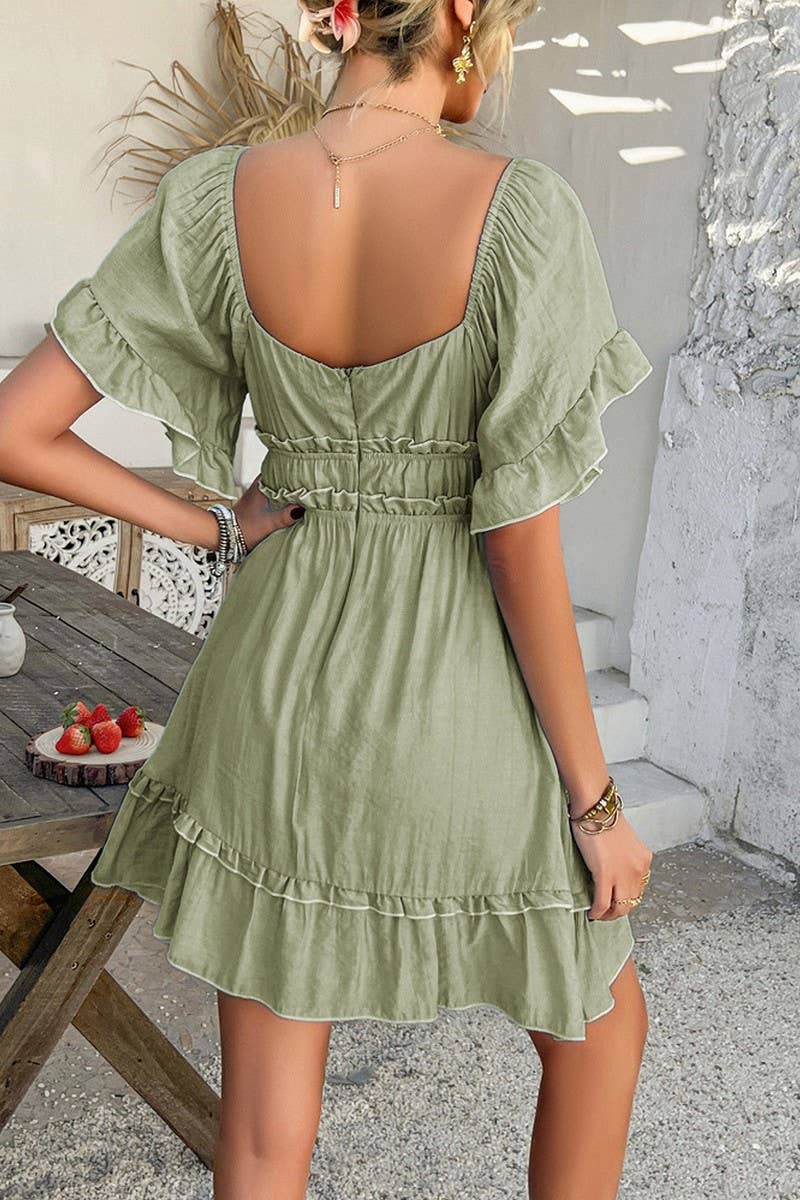 CWDSD7875_SUMMER SOLID COLOR RUFFLED SHORT-SLEEVED DRESS