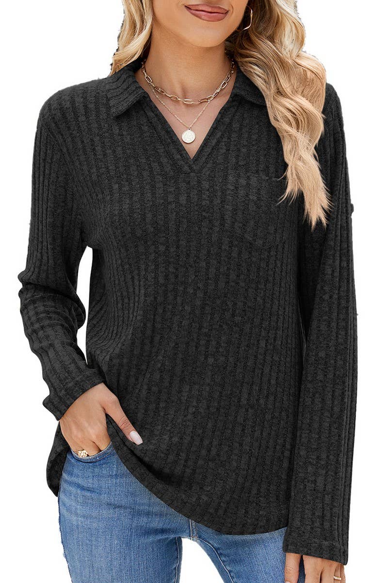 CWTBLL2329_SOLID COLOR LAPEL POCKET LONG SLEEVE LOOSE TOP