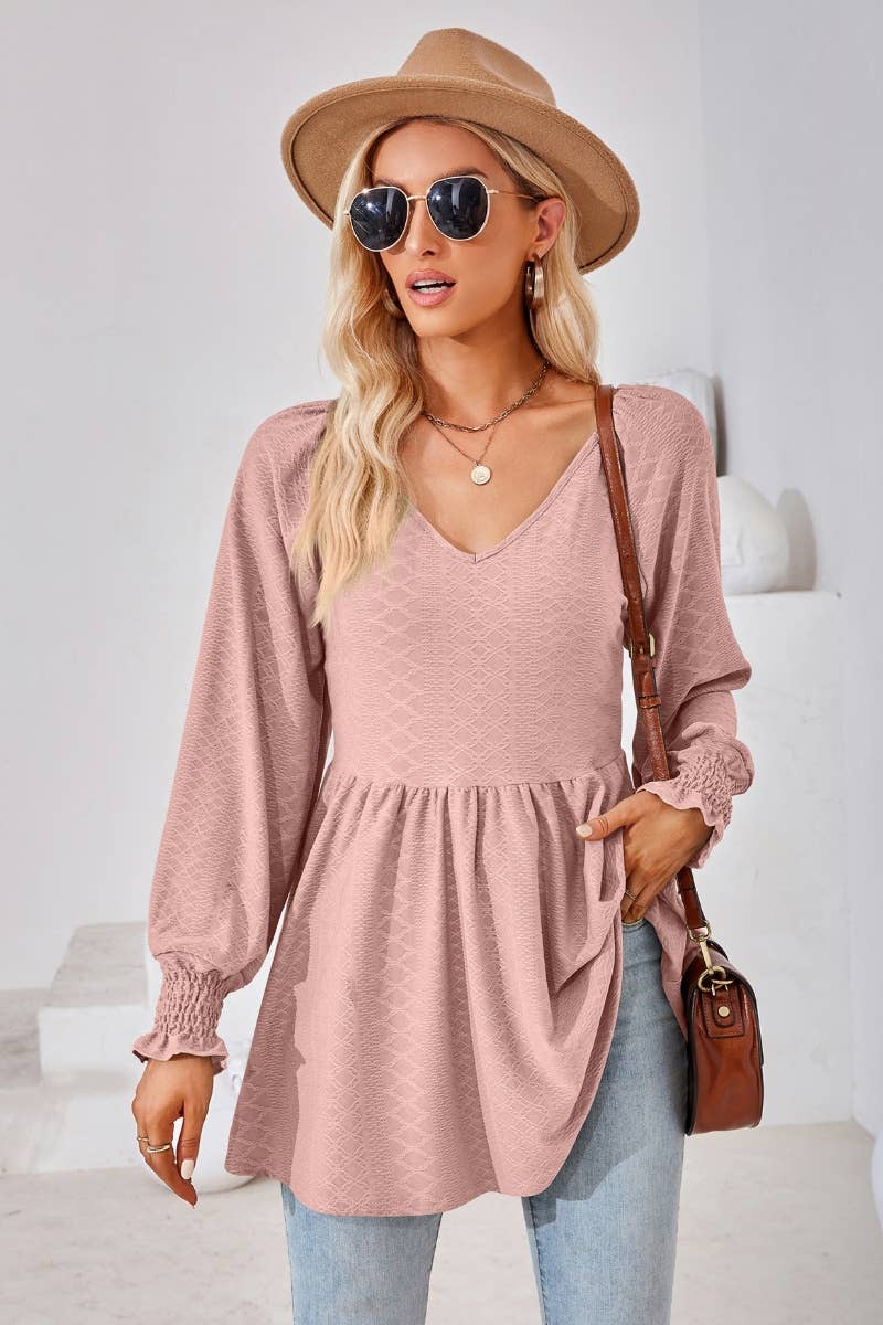 CWTBLL2817_SOLID COLOR PATCHWORK LONG-SLEEVED TUNIC