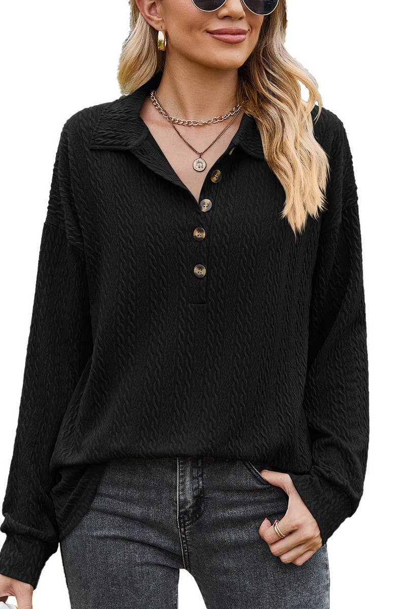 CWTBLL2415_SOLID COLOR LAPEL BUTTON LOOSE LONG SLEEVE TOP