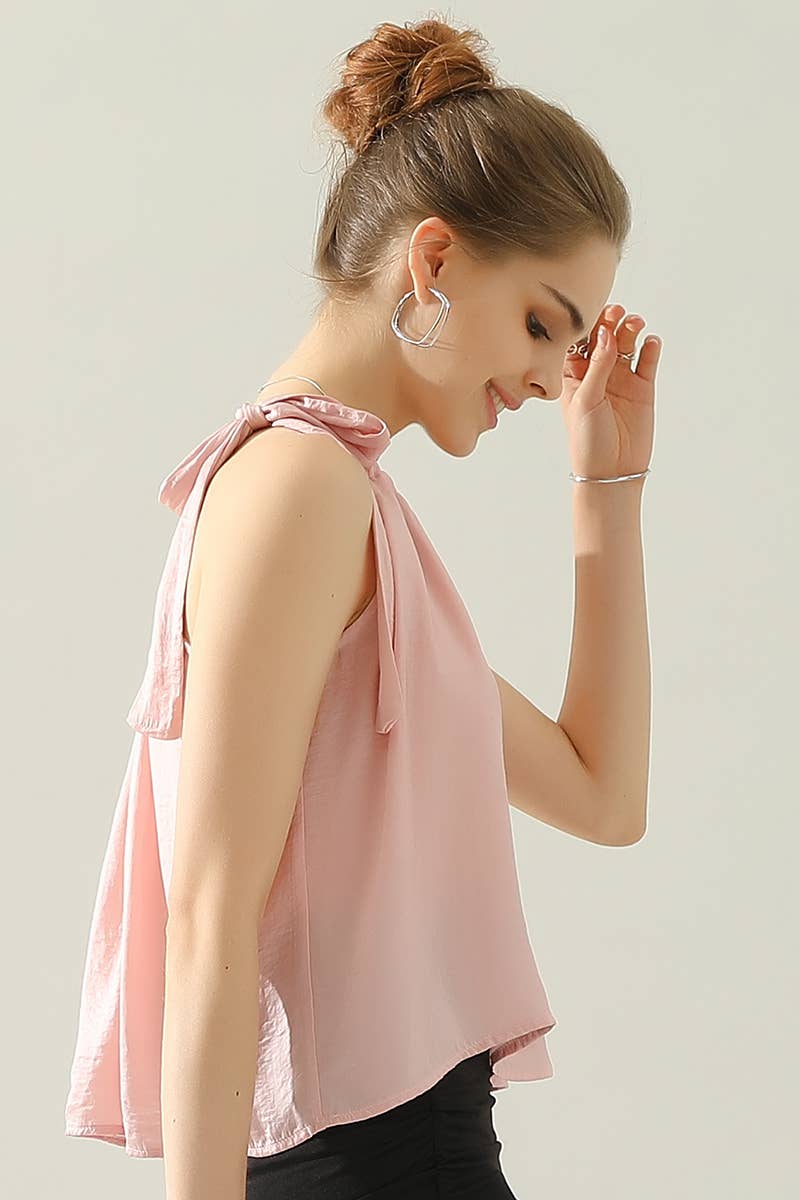 CWTHT028_ONE SHOULDER BOW TIE STRAP SATIN SILK BLOUS TOP