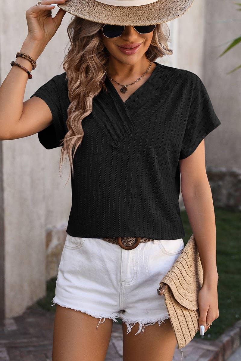 CWTBLS0916_V-NECK CHAIN JACQUARD TOP SHORT SLEEVE