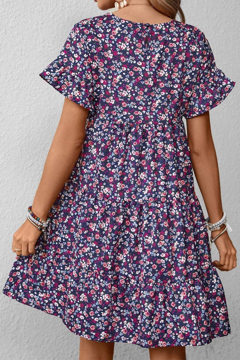 CWDSD2702_Round neck Print Short Sleeve Dress