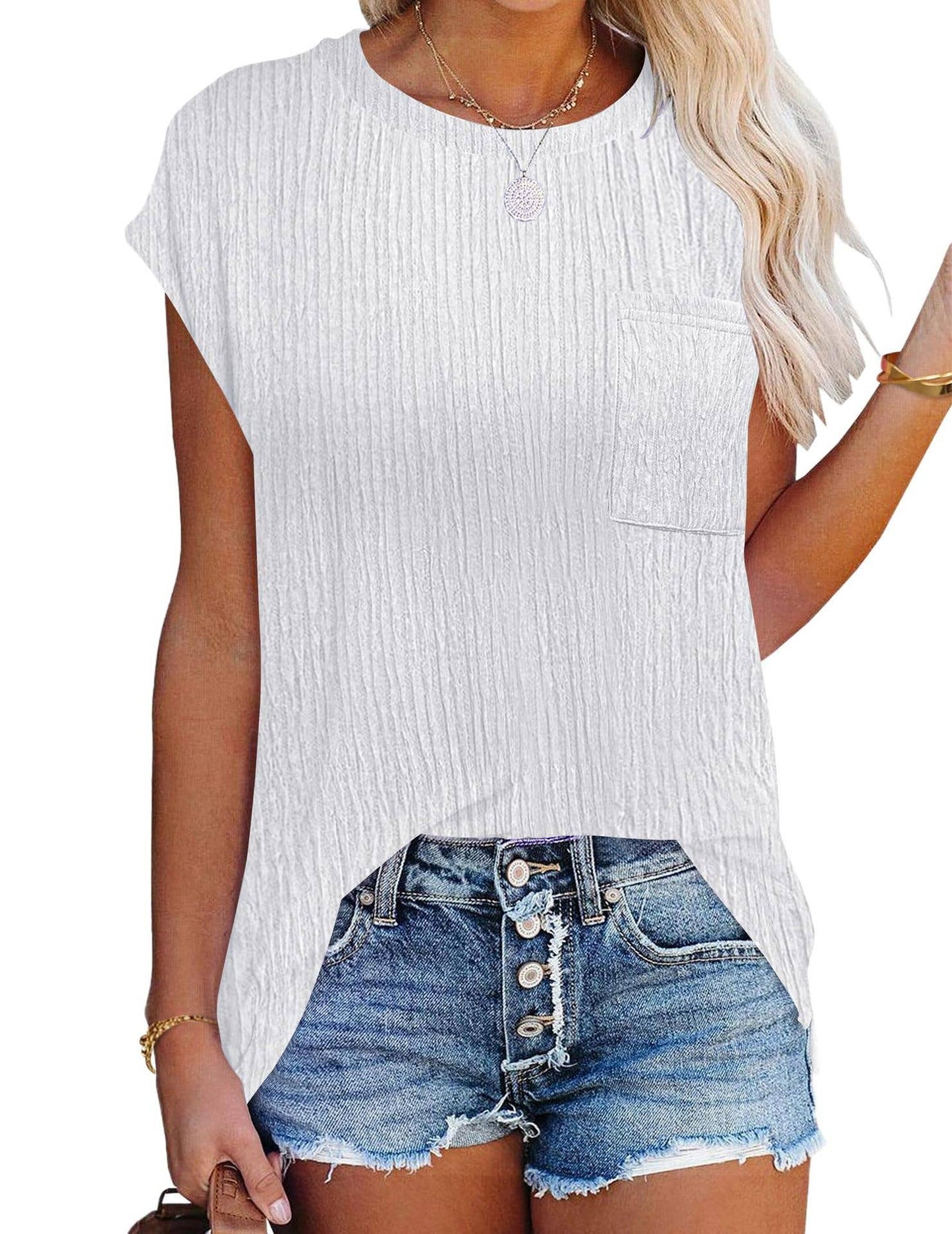 CWTBLS0792_CASUAL CREW NECK POCKET T-SHIRT TOP