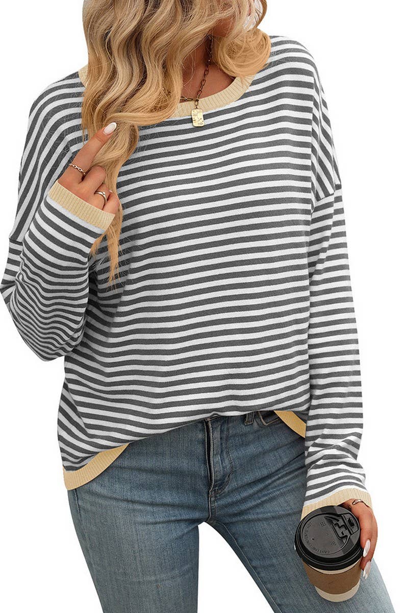 CWOSWL4272_ROUND NECK STRIPED CONTRAST COLOR CASUAL SWEATER