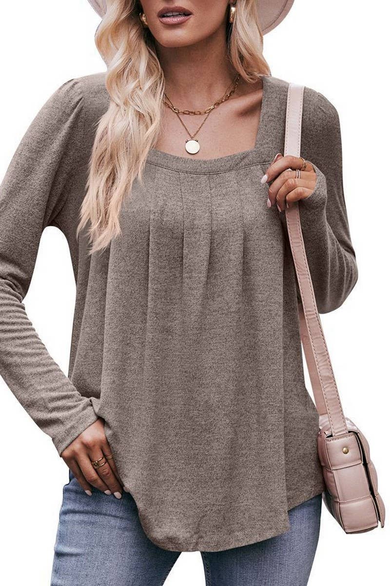 CWTBLL1836_PUFF SLEEVE SQUARE NECK PLEATED LONG SLEEVE TOP
