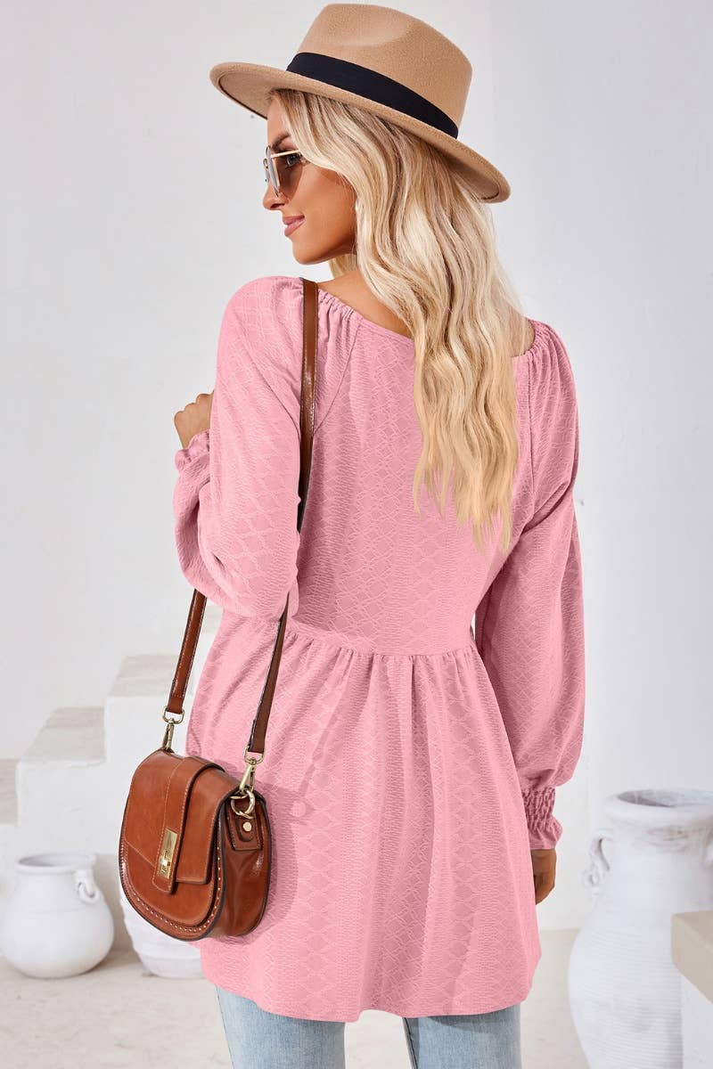 CWTBLL2817_SOLID COLOR PATCHWORK LONG-SLEEVED TUNIC